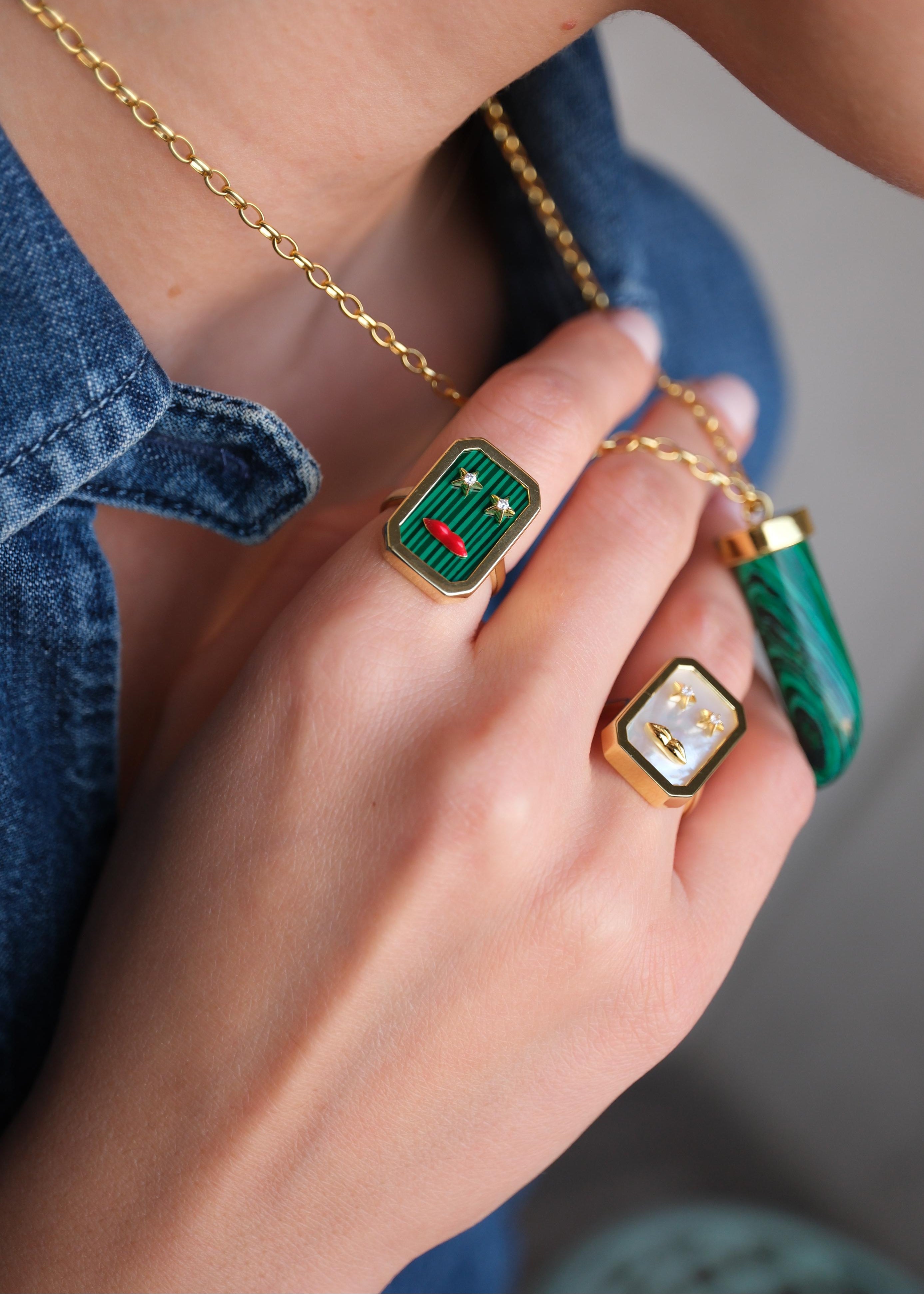 Malachite Lip Ring With Crystal Stars