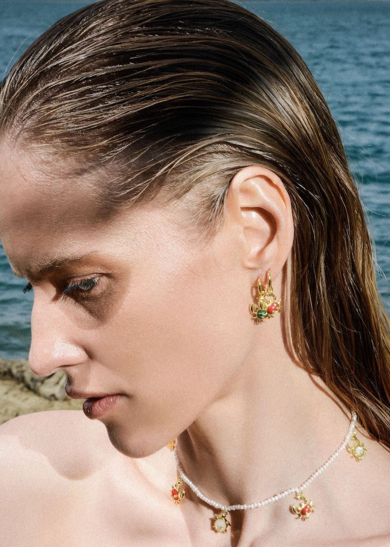 Single Coral Crab Charm Earring