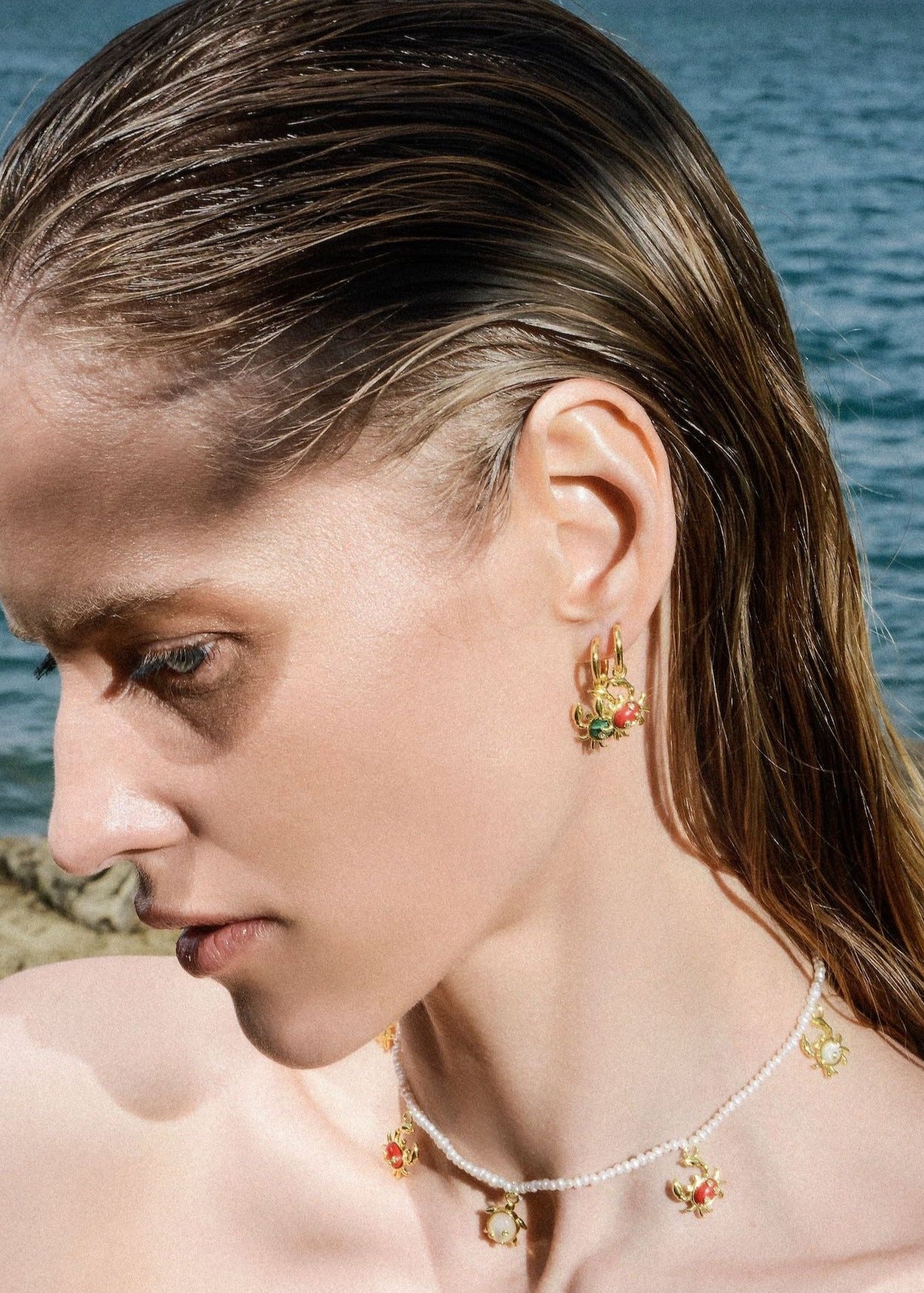 Single Malachite Crab Charm Earring