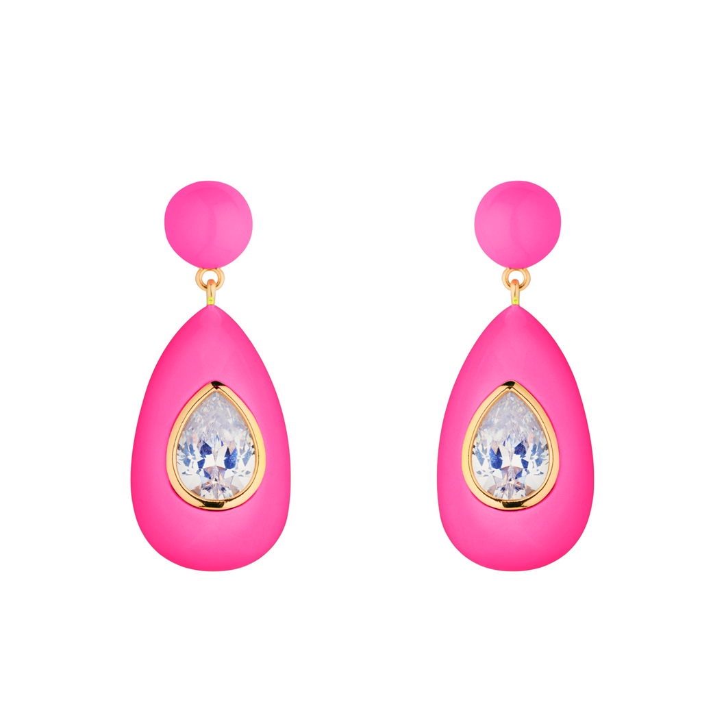 Neon Pink Crystal Drop Earrings